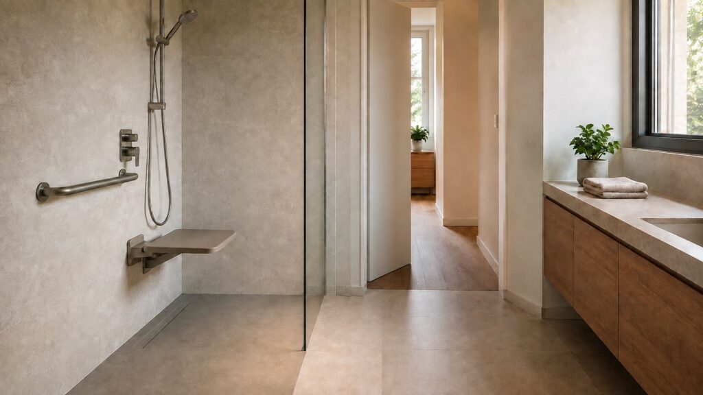 Bagno accessibile con doccia a filo pavimento, seduta e un maniglione